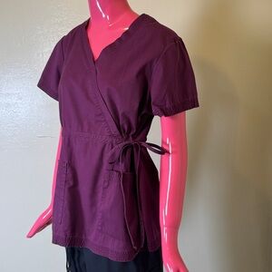 Koi Plum Mock Wrap Scrub Top | Large | Side Tie